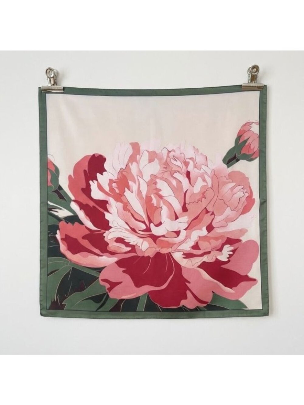 Elegant Bandana Square Silky Scarf Soft Large FLORAL Peony Green Pink Luxury New